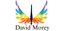 David Morey Author Logo. Image of rainbow wings, with a black fountain pen body. Font underneath with the author's name.